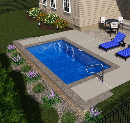 A plunge pool partially raised, semi-inground pool installation in a small backyard pool setting.