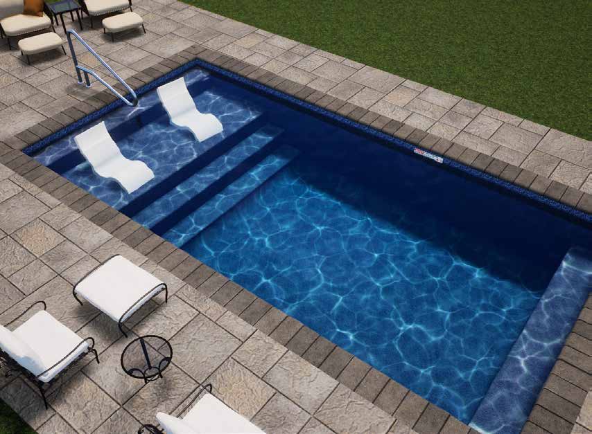 The Lounger with Bench plunge pool kits features full-end stair with second step sundeck and full-end bench.  This small pool design lends well to any yard.